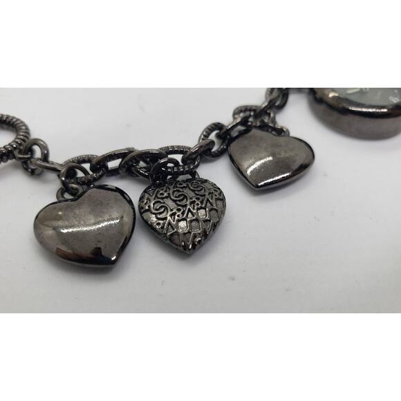 Vintage Puffy Heart & Watch Charm Bracelet New York & Co Black Adjustable Works - Picture 4 of 5
